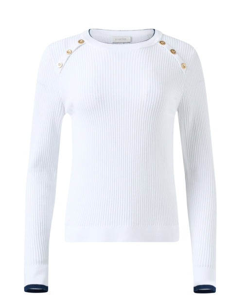 Classic White 100% Cotton Sweater with Button Shoulder Detailing and Navy Trim