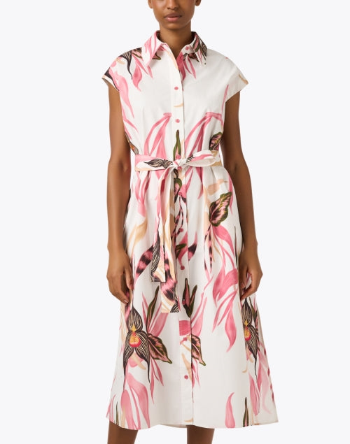 Stylish Women's White and Blush Floral Leaf Print Shirt Dress