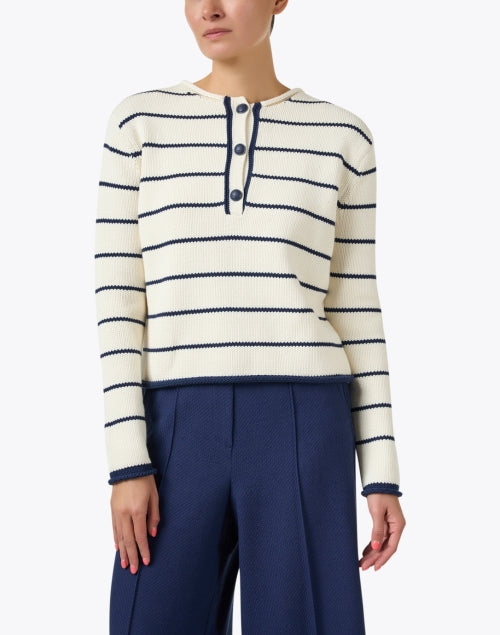 Navy and White Striped Cotton Blend Casual Sweater for Polished Looks
