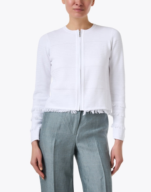 Stylish White Cotton Zip Jacket with Fringe Trim