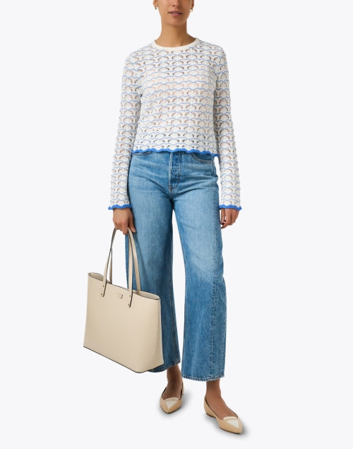 Stylish White and Blue Open - Weave Knit Sweater with Wavy Stripes