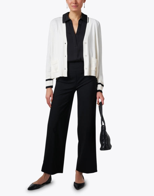 Luxurious White Wool-Cashmere Blend Cardigan with Contrast Trim and Patch Pockets