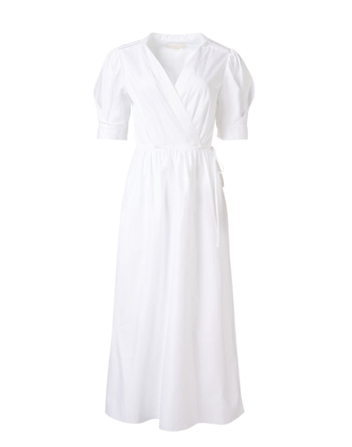 Elegant 100% Cotton White Wrap Dress with Puff Sleeves and Self - Tie Details