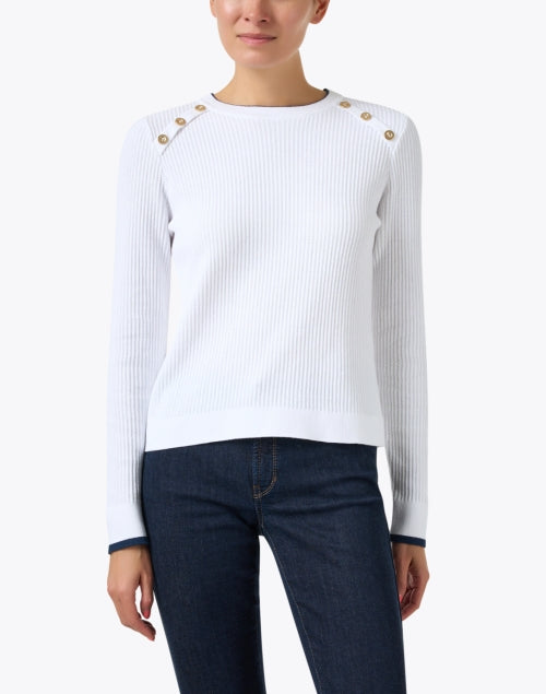 Classic White 100% Cotton Sweater with Button Shoulder Detailing and Navy Trim