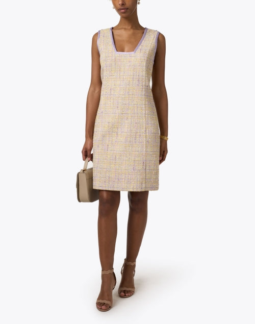 Stylish Yellow and Lavender Tweed Mini Dress for Fashionable Women