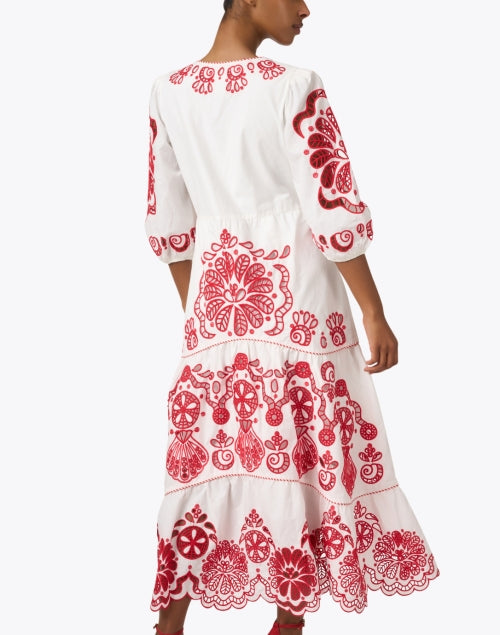 Stunning White and Crimson Floral Embroidered Women's Summer Dress