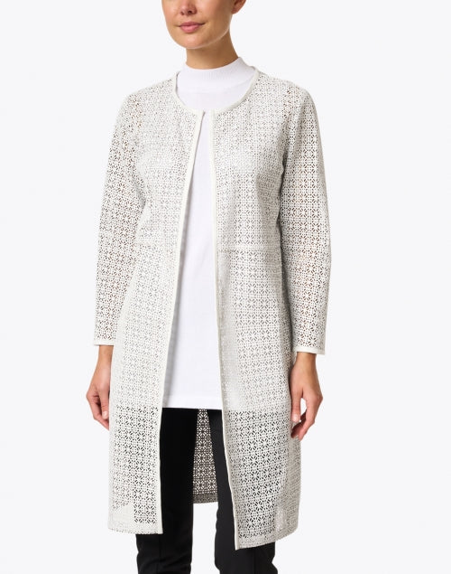 White Leather Laser-Cut Longline Duster Jacket - A Must-Have Seasonal Outerwear