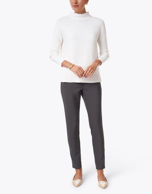 Stylish White Cotton Garter Stitch Mock Neck Long Sleeve Sweater