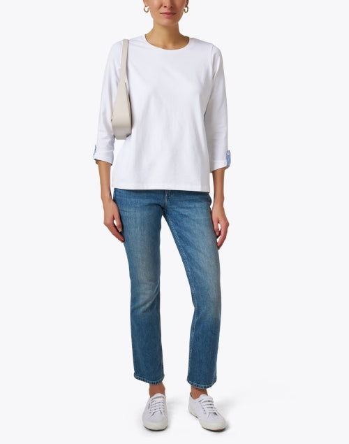Stylish White Cotton Top with Contrasting Blue Back Panel