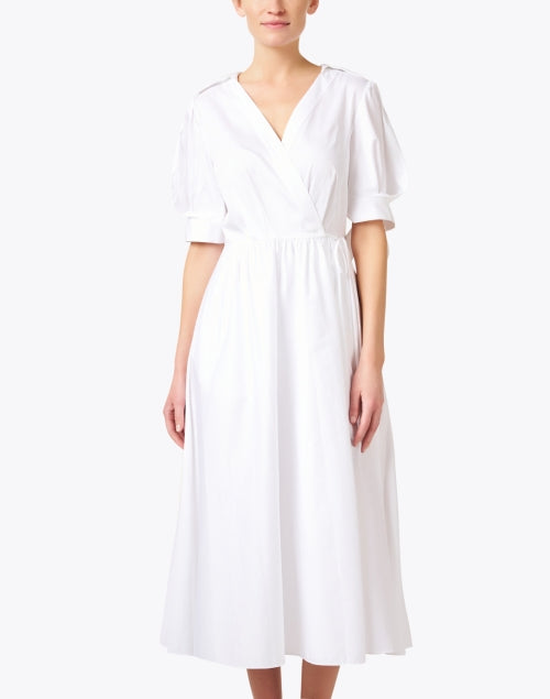 Elegant 100% Cotton White Wrap Dress with Puff Sleeves and Self - Tie Details