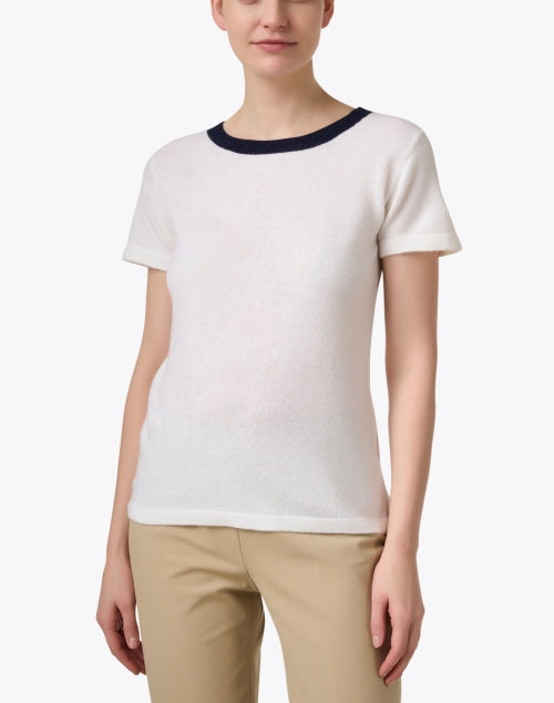 Elegant White Cashmere Crew Neck Short-Sleeve Ringer Top
