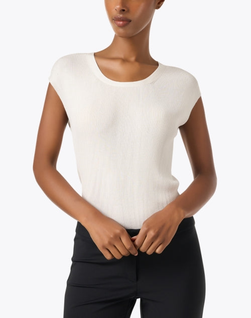 Stylish White Ribbed Knit Top with Classic Cap Sleeves