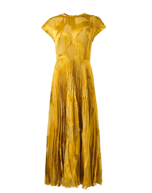 Stylish Yellow Fil Coupe Jacquard A-Line Dress with Short Cap Sleeves