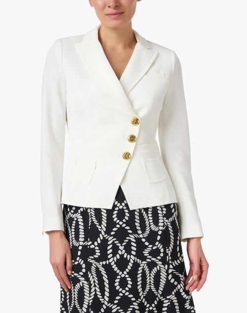 Stylish White Stretch Wrap Blazer with Asymmetrical Button Closure