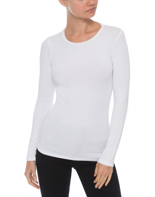 Stretchable Long-Sleeved White Crew Neck Viscose Top for Women's Wardrobe