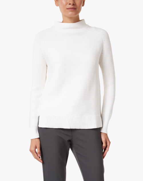 Stylish White Cotton Garter Stitch Mock Neck Long Sleeve Sweater