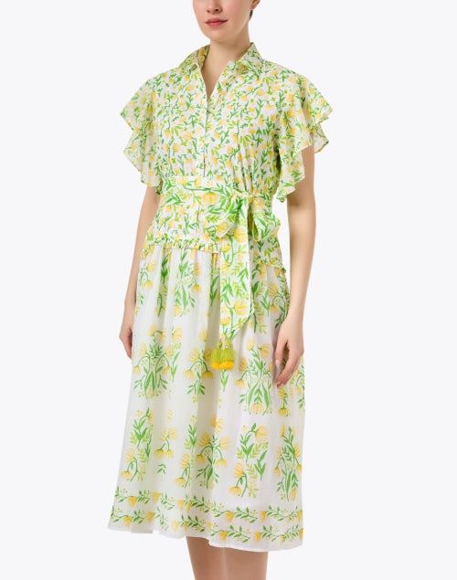 Charming Yellow and Green Floral Printed Shirt Dress