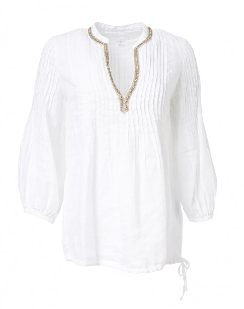Crisp White Beaded Embellished Relaxed-Fit Pintucked Linen Shirt