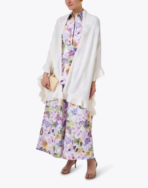 Lightweight White Cashmere Wrap with Feminine Ruffle Trim
