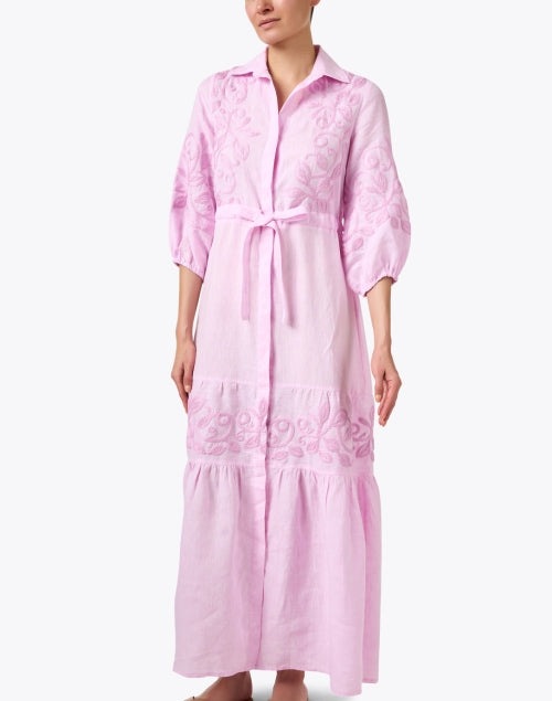 Pink Embroidered Women's Linen Summer Dress - Zena Style