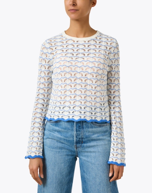 Stylish White and Blue Open - Weave Knit Sweater with Wavy Stripes