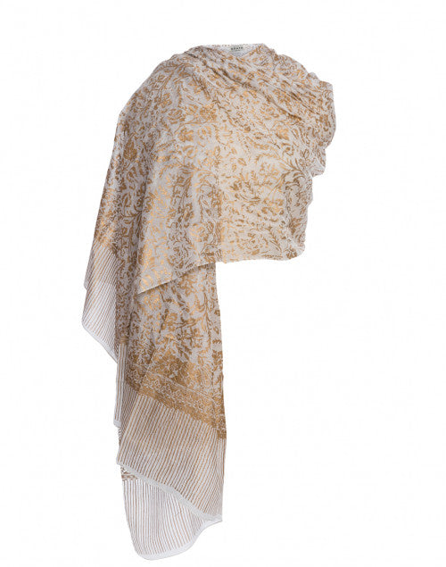 Exquisite White and Gold Metallic Floral Printed Lightweight Silk Scarf