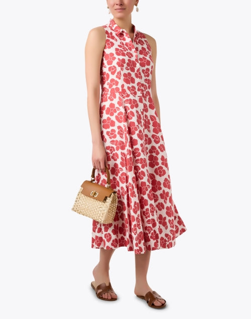 Stylish White and Crimson Floral Linen Women's Shirt Dress for Casual Outings