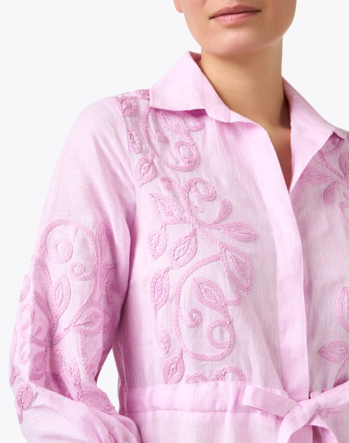 Pink Embroidered Women's Linen Summer Dress - Zena Style