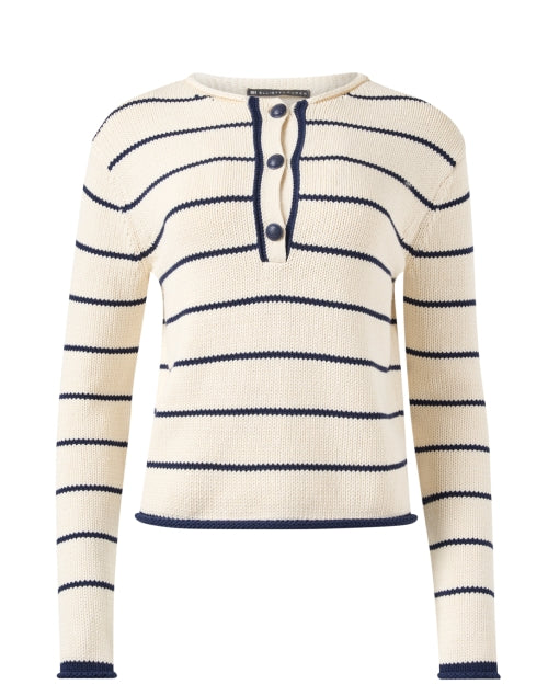 Navy and White Striped Cotton Blend Casual Sweater for Polished Looks
