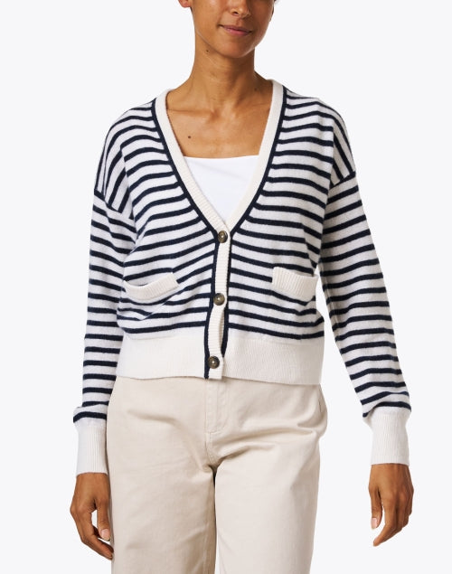 Stylish White and Navy Blue Striped Women's Cashmere Knit Cardigan Sweater