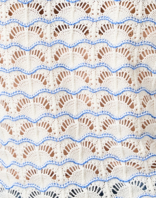 Stylish White and Blue Open - Weave Knit Sweater with Wavy Stripes