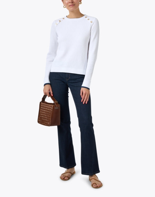 Classic White 100% Cotton Sweater with Button Shoulder Detailing and Navy Trim