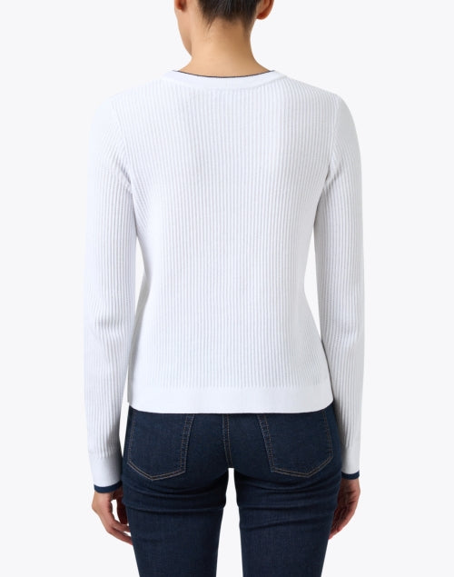 Classic White 100% Cotton Sweater with Button Shoulder Detailing and Navy Trim