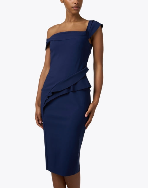 Stylish Navy Asymmetrical One - Sleeve Yuzuki Dress for Events