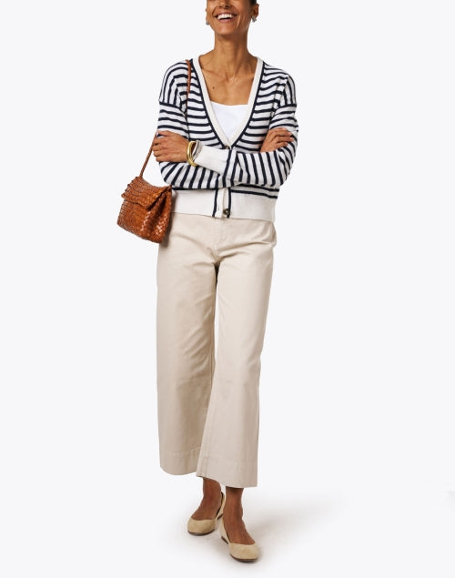 Stylish White and Navy Blue Striped Women's Cashmere Knit Cardigan Sweater