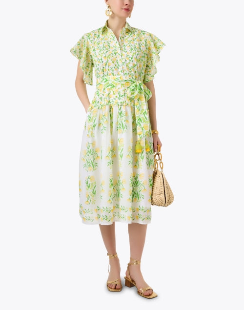 Charming Yellow and Green Floral Printed Shirt Dress