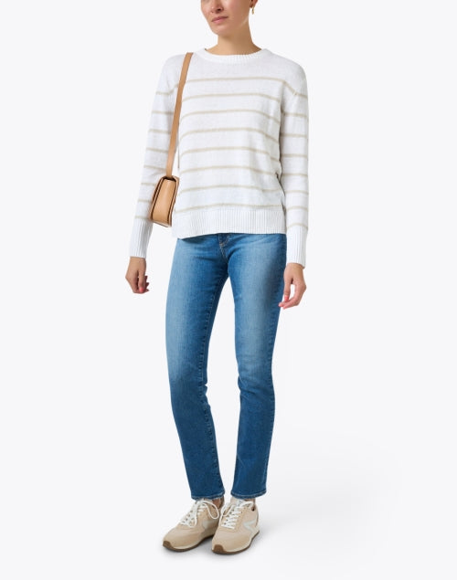 Stylish White and Beige Striped Men's and Women's Linen Sweater for Transitional Seasons