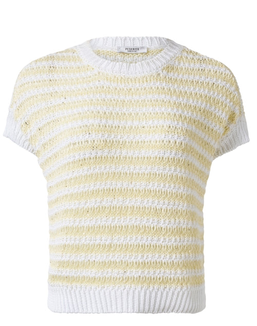 Stylish White and Golden-Yellow Striped Short Sleeve Knit Sweater