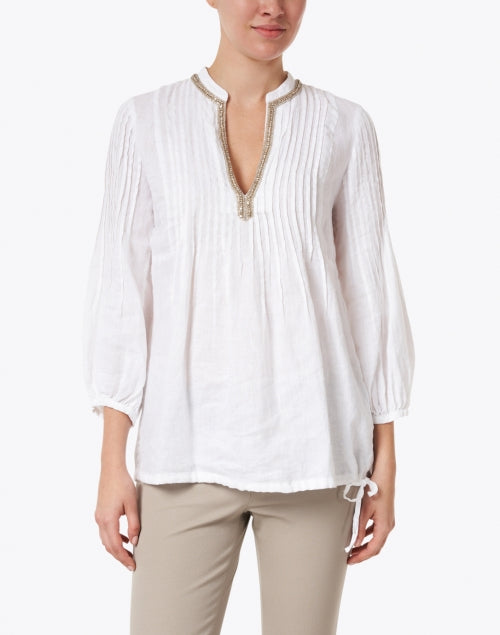 Crisp White Beaded Embellished Relaxed-Fit Pintucked Linen Shirt