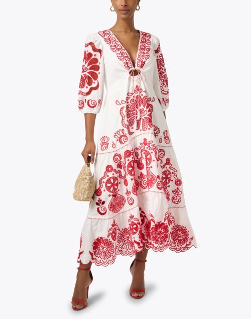 Stunning White and Crimson Floral Embroidered Women's Summer Dress
