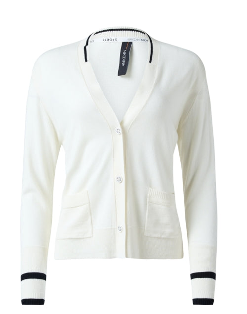 Luxurious White Wool-Cashmere Blend Cardigan with Contrast Trim and Patch Pockets