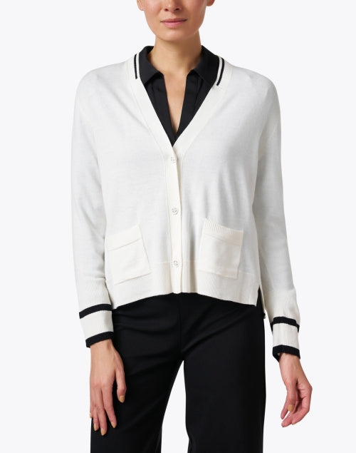 Luxurious White Wool-Cashmere Blend Cardigan with Contrast Trim and Patch Pockets
