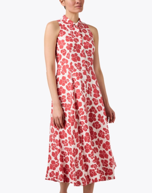 Stylish White and Crimson Floral Linen Women's Shirt Dress for Casual Outings