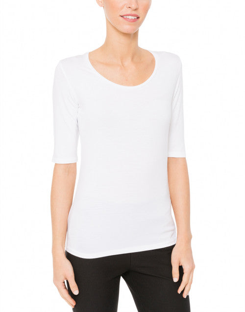 Elegant Stretchable White Scoop Neck Elbow-Sleeve Viscose Women's Top