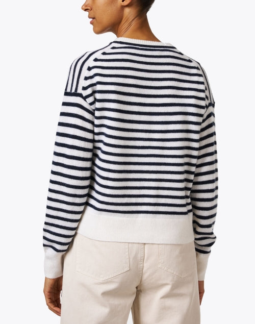 Stylish White and Navy Blue Striped Women's Cashmere Knit Cardigan Sweater
