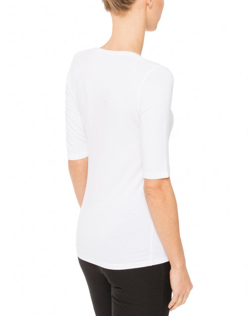 Elegant Stretchable White Scoop Neck Elbow-Sleeve Viscose Women's Top