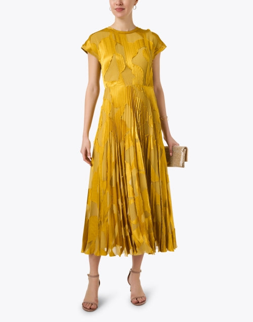 Stylish Yellow Fil Coupe Jacquard A-Line Dress with Short Cap Sleeves