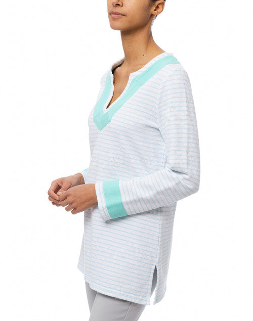Elegant White and Light Blue Striped French Terry Spring Tunic Top