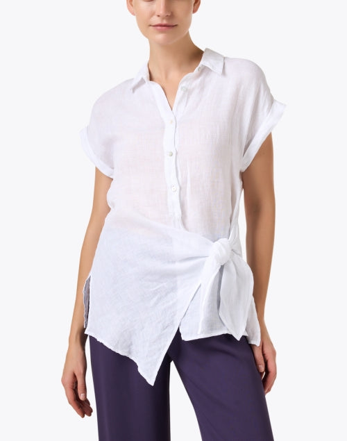 Sun - friendly Asymmetrical Tie - front White Linen Top