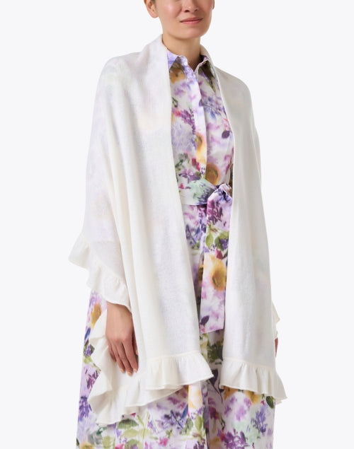 Lightweight White Cashmere Wrap with Feminine Ruffle Trim